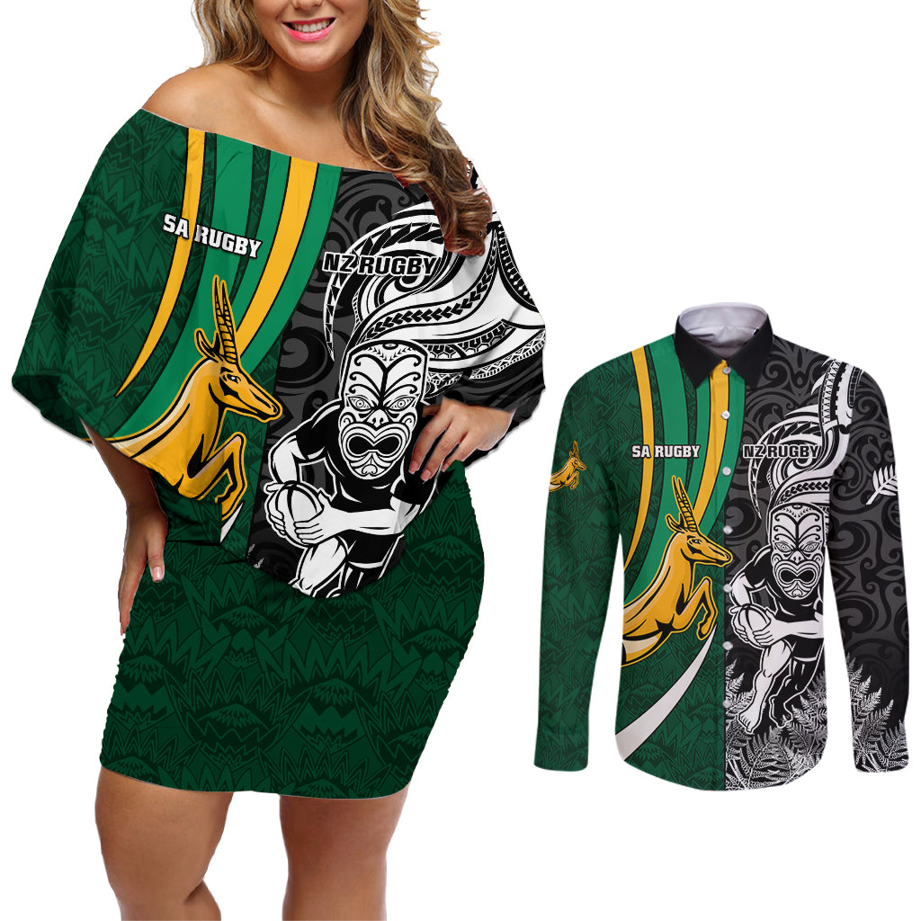 Custom New Zealand and South Africa Rugby Couples Matching Off Shoulder Short Dress and Long Sleeve Button Shirt Silver Fern Protea Pattern World Cup 2023 LT01 Art - Polynesian Pride