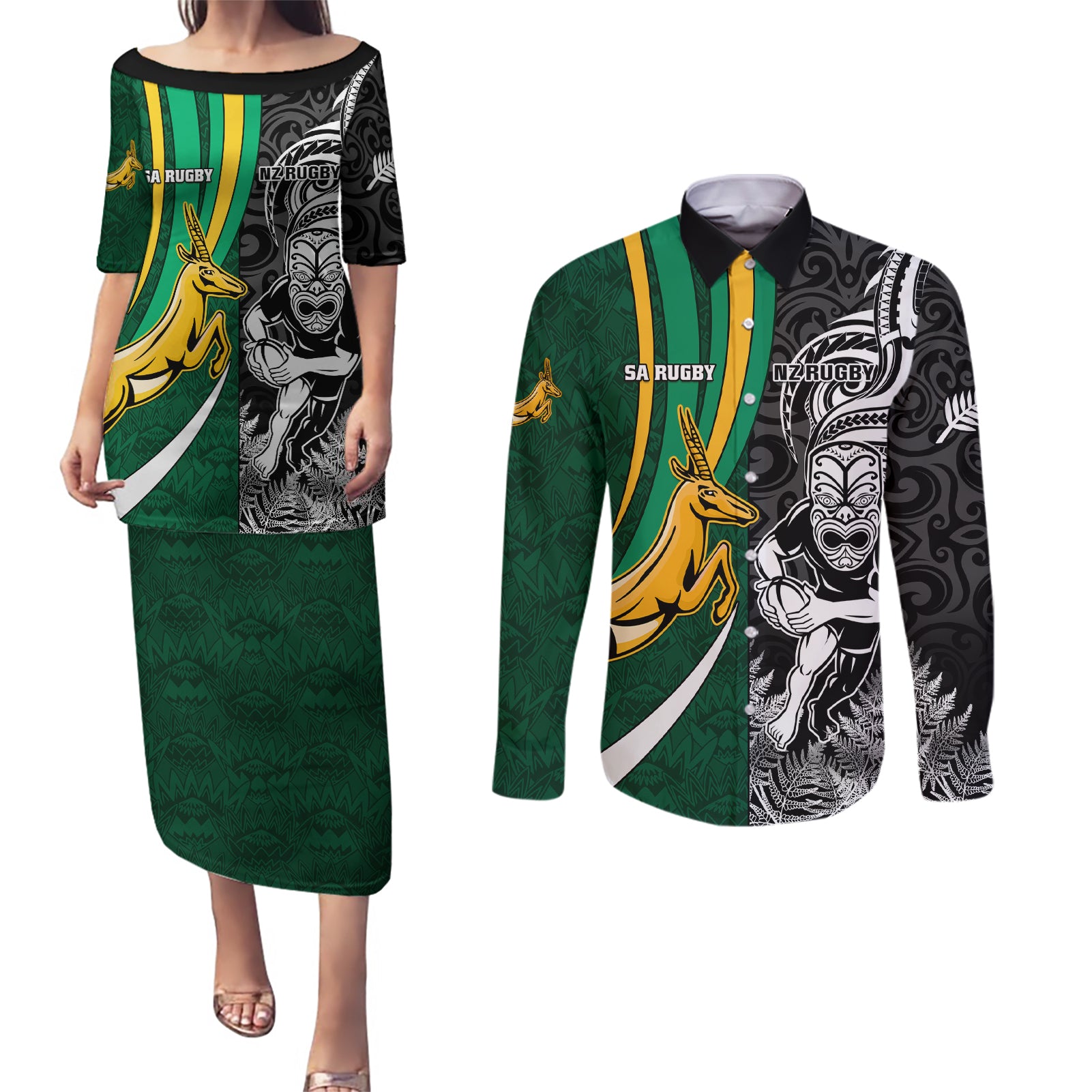 Custom New Zealand and South Africa Rugby Couples Matching Puletasi Dress and Long Sleeve Button Shirt Silver Fern Protea Pattern World Cup 2023 LT01 Art - Polynesian Pride