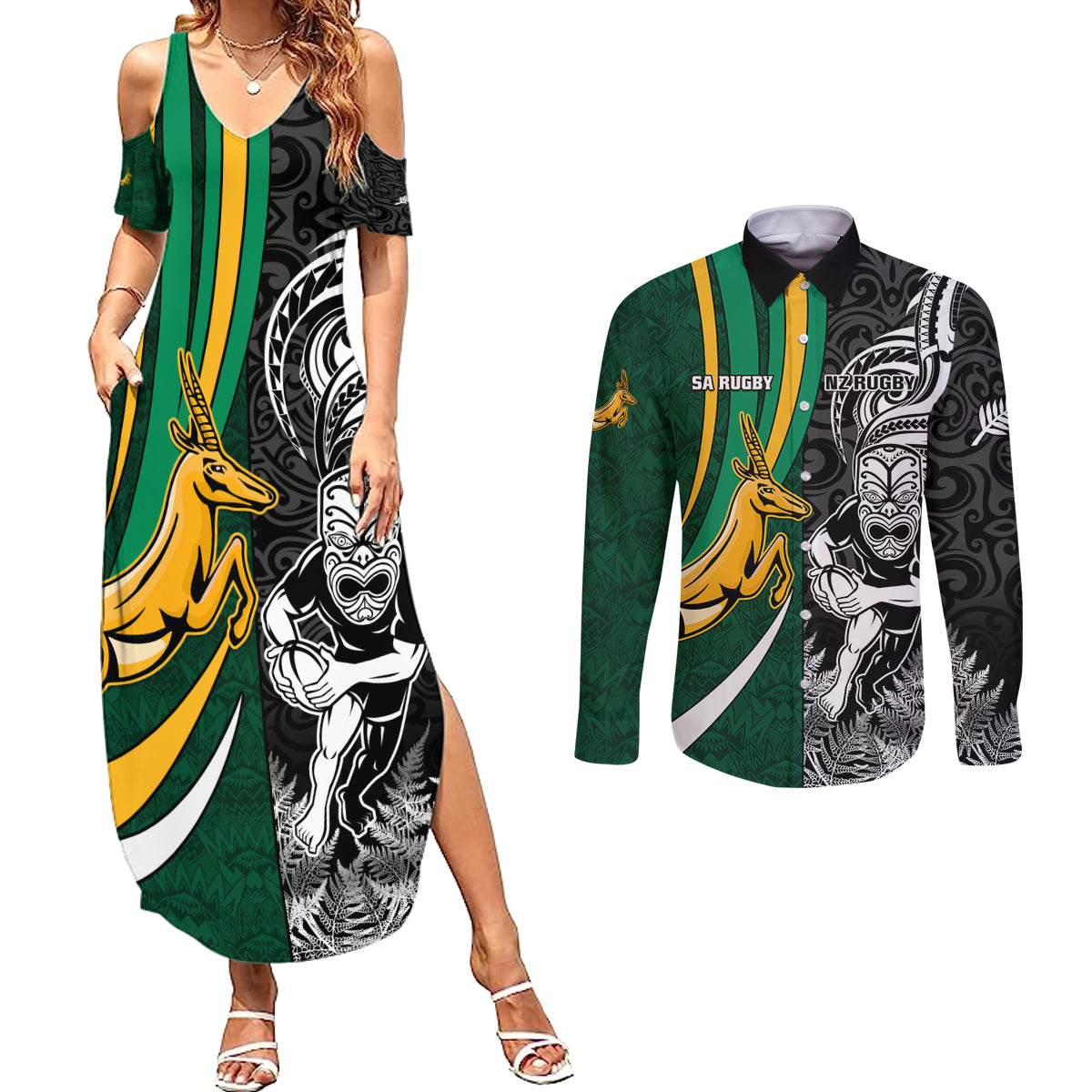 Custom New Zealand and South Africa Rugby Couples Matching Summer Maxi Dress and Long Sleeve Button Shirt Silver Fern Protea Pattern World Cup 2023 LT01 Art - Polynesian Pride