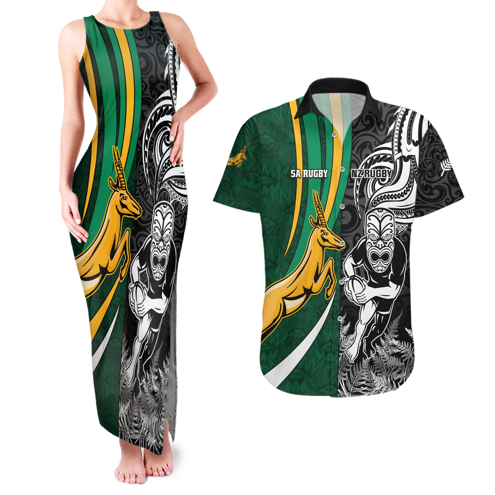 Custom New Zealand and South Africa Rugby Couples Matching Tank Maxi Dress and Hawaiian Shirt Silver Fern Protea Pattern World Cup 2023 LT01 Art - Polynesian Pride