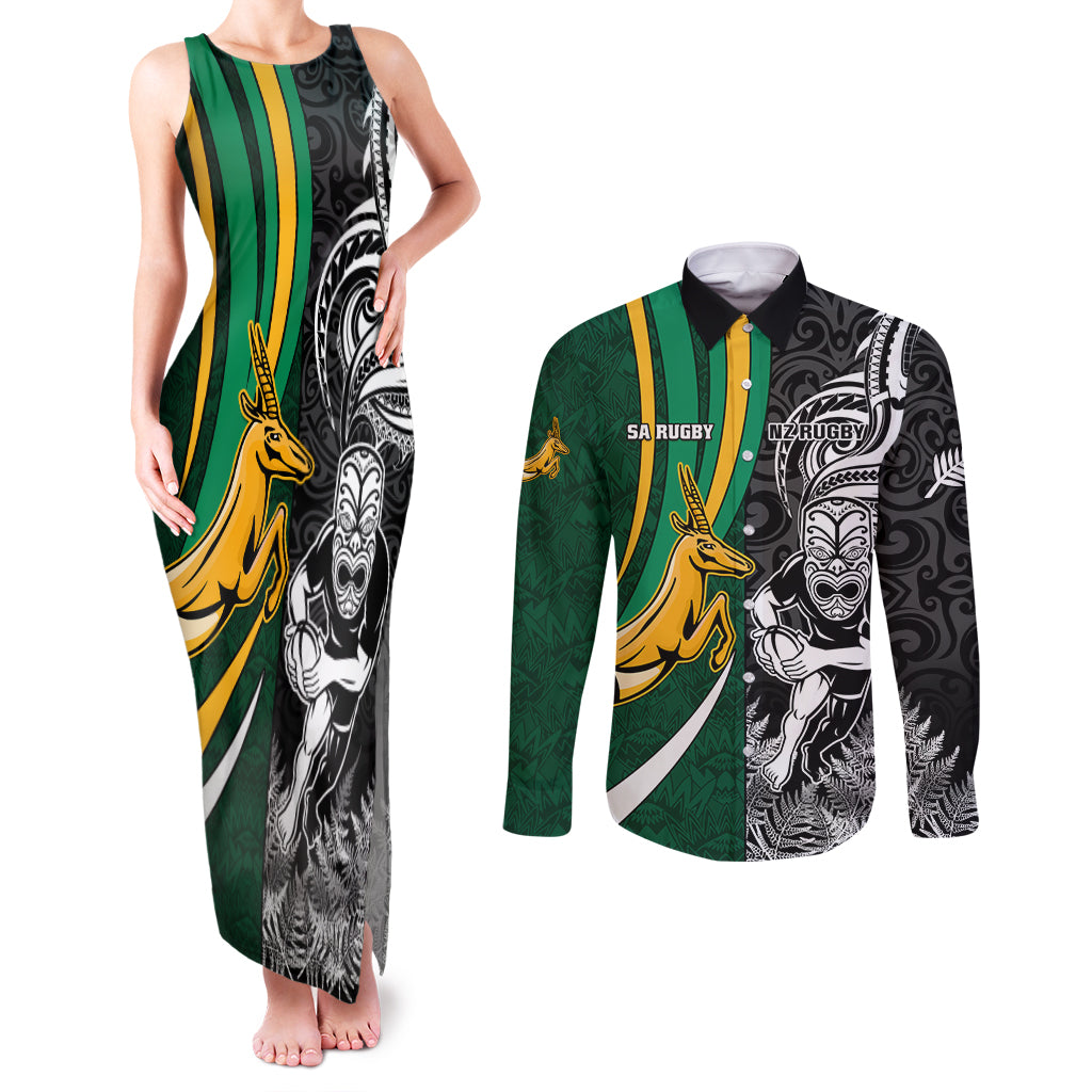 Custom New Zealand and South Africa Rugby Couples Matching Tank Maxi Dress and Long Sleeve Button Shirt Silver Fern Protea Pattern World Cup 2023 LT01 Art - Polynesian Pride