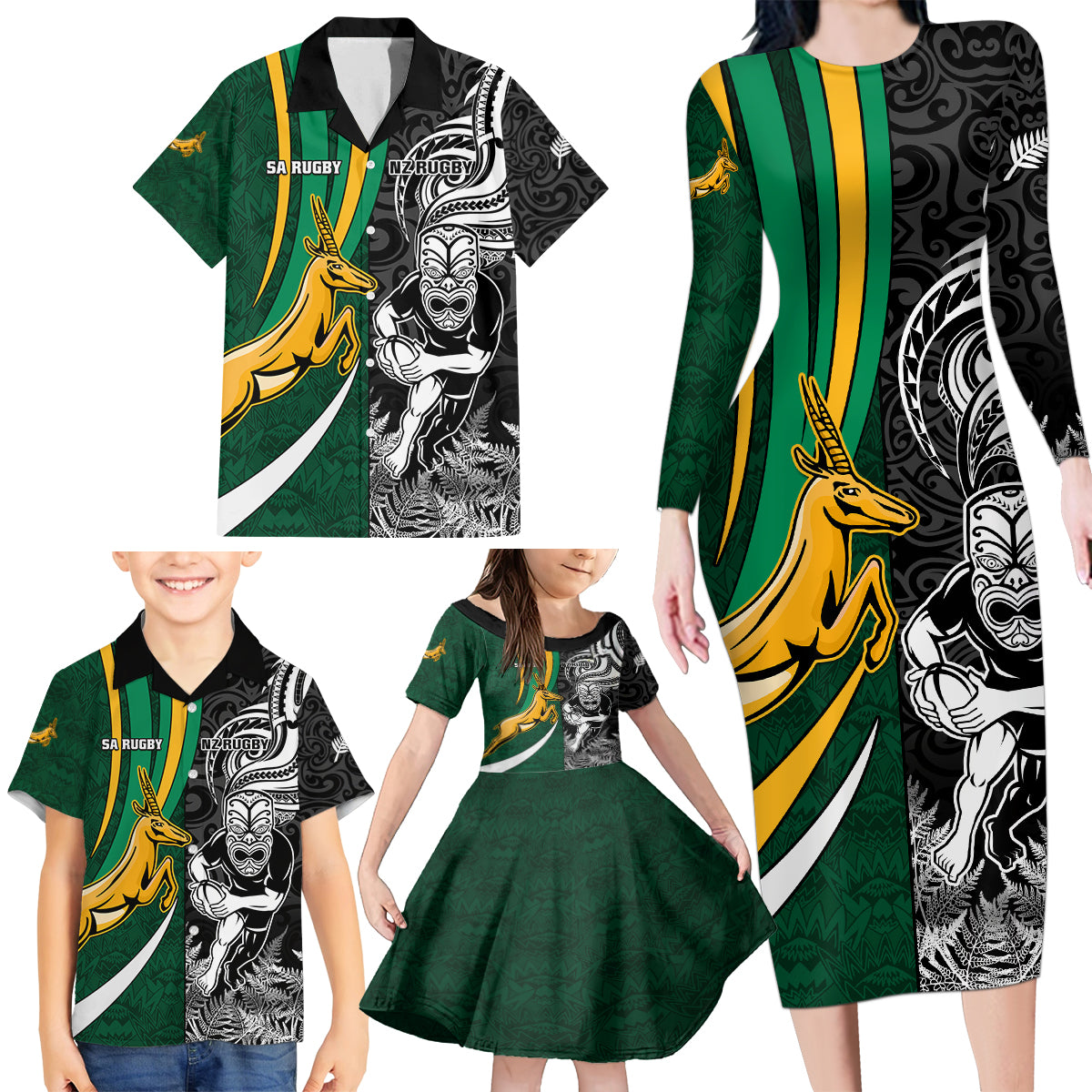 Custom New Zealand and South Africa Rugby Family Matching Long Sleeve Bodycon Dress and Hawaiian Shirt Silver Fern Protea Pattern World Cup 2023 LT01 - Polynesian Pride