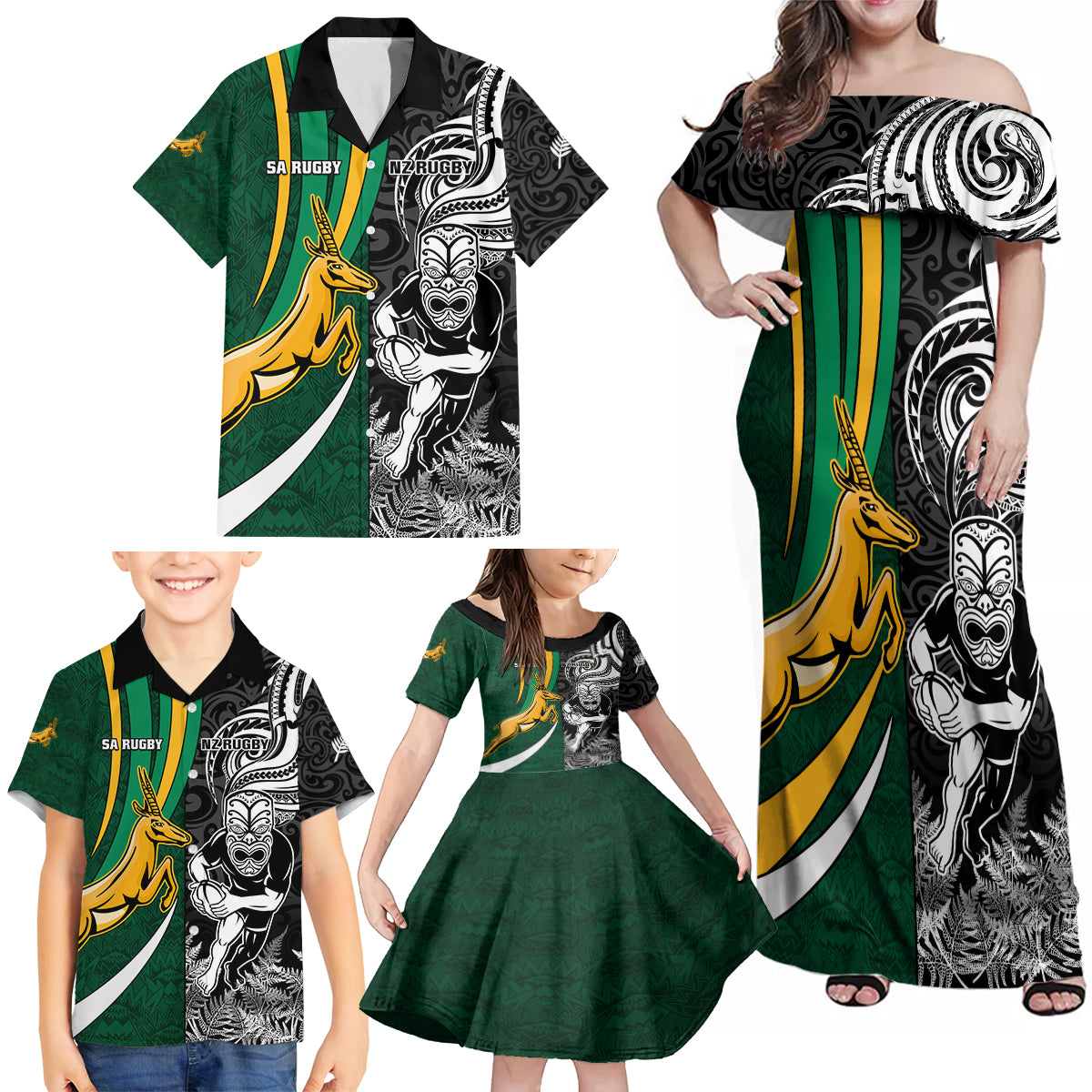 Custom New Zealand and South Africa Rugby Family Matching Off Shoulder Maxi Dress and Hawaiian Shirt Silver Fern Protea Pattern World Cup 2023 LT01 - Polynesian Pride