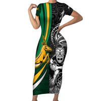 Custom New Zealand and South Africa Rugby Family Matching Short Sleeve Bodycon Dress and Hawaiian Shirt Silver Fern Protea Pattern World Cup 2023 LT01 Mom's Dress Art - Polynesian Pride