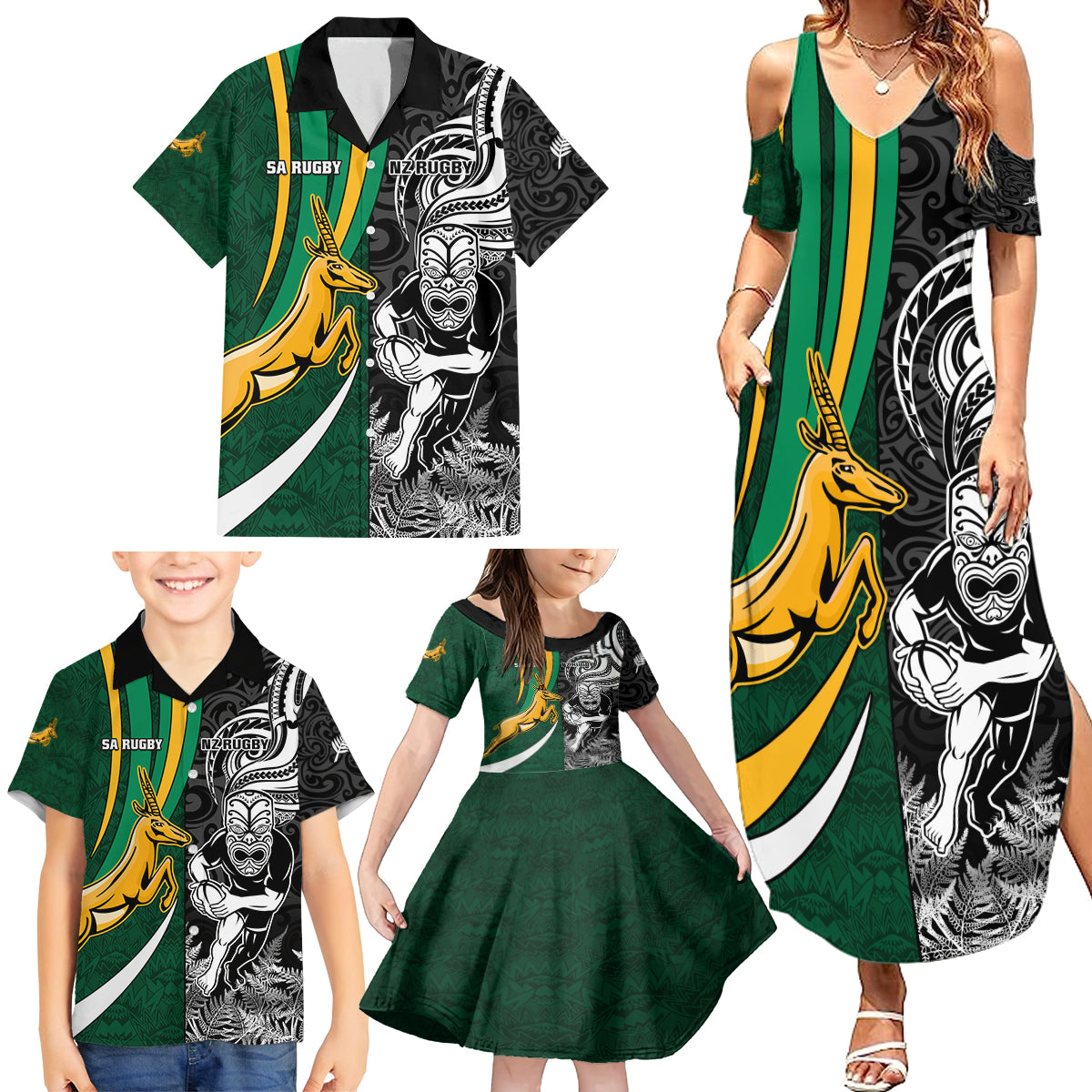 Custom New Zealand and South Africa Rugby Family Matching Summer Maxi Dress and Hawaiian Shirt Silver Fern Protea Pattern World Cup 2023 LT01 - Polynesian Pride