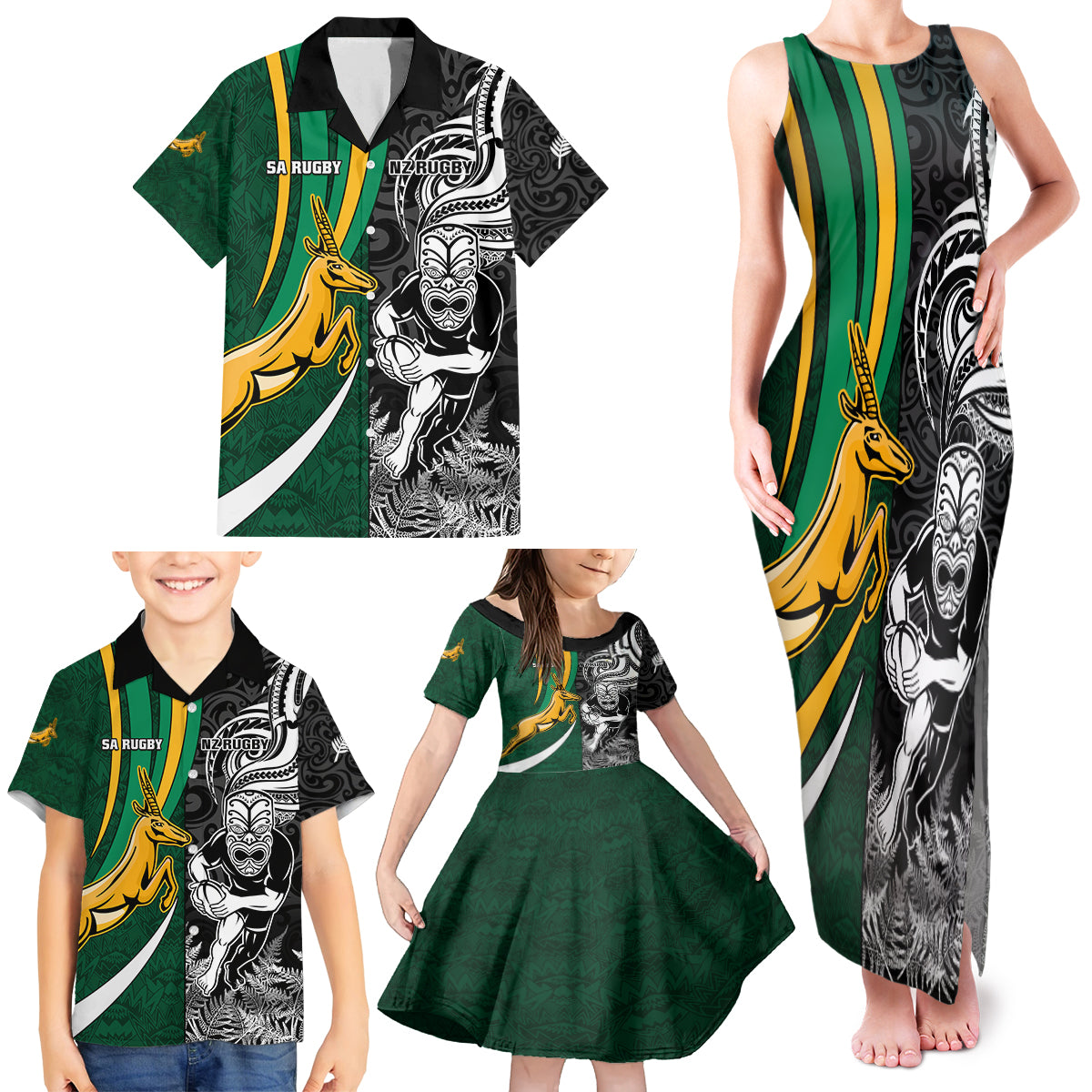 Custom New Zealand and South Africa Rugby Family Matching Tank Maxi Dress and Hawaiian Shirt Silver Fern Protea Pattern World Cup 2023 LT01 - Polynesian Pride