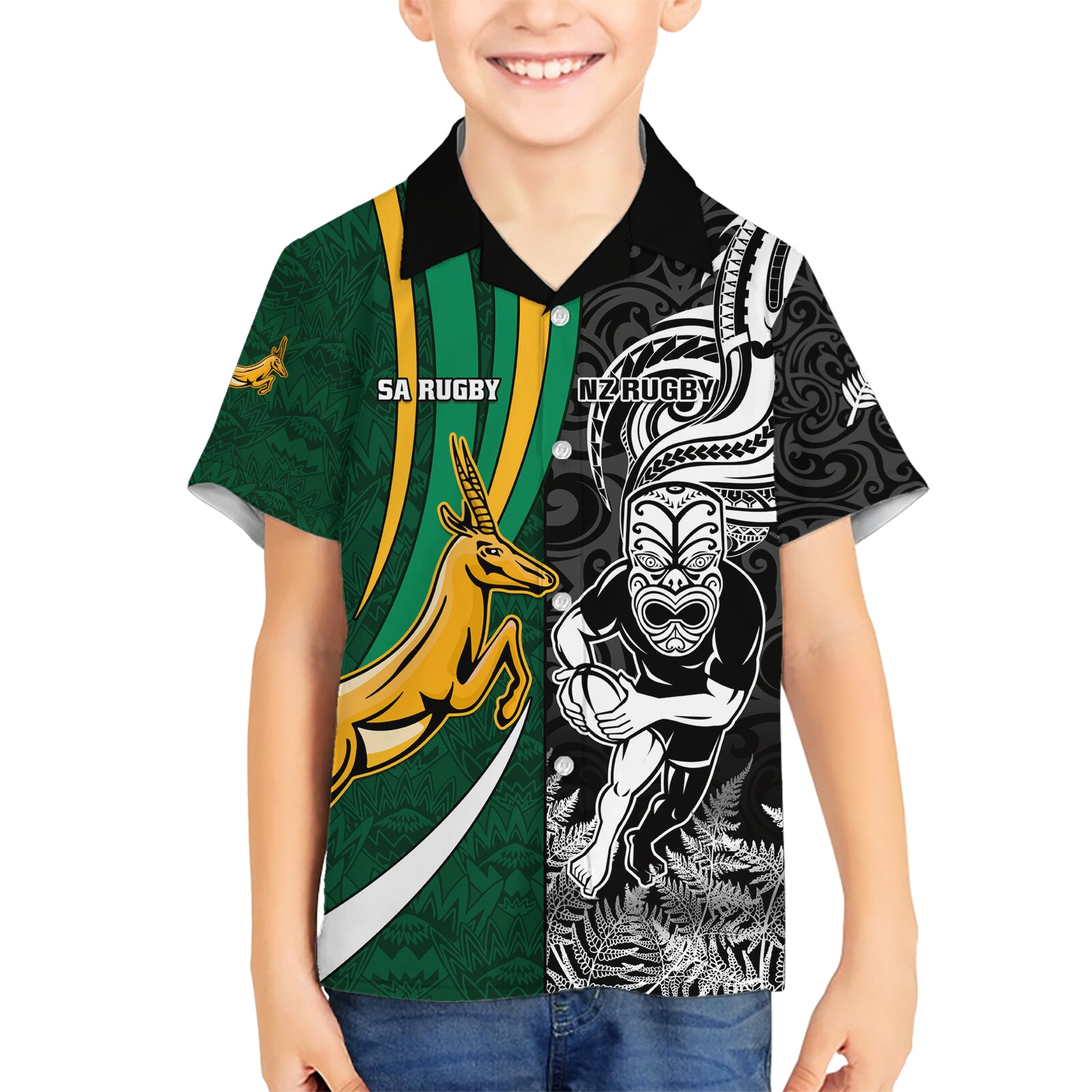 Custom New Zealand and South Africa Rugby Kid Hawaiian Shirt Silver Fern Protea Pattern World Cup 2023 LT01 Kid Art - Polynesian Pride