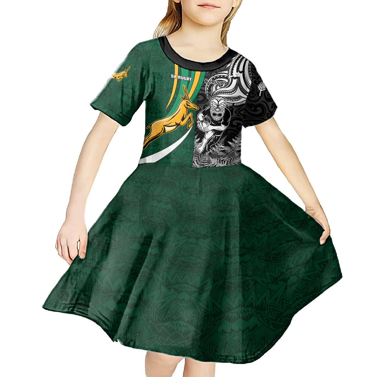 Custom New Zealand and South Africa Rugby Kid Short Sleeve Dress Silver Fern Protea Pattern World Cup 2023 LT01 - Polynesian Pride
