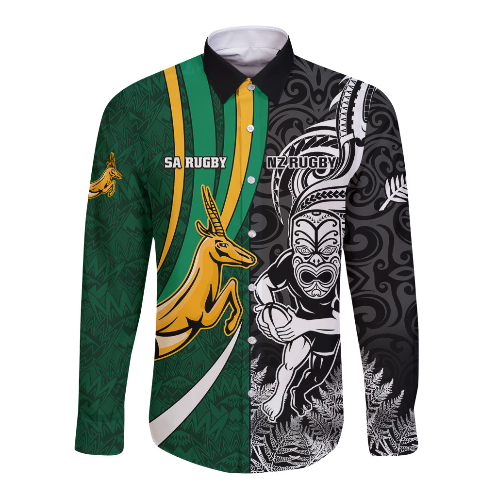 Custom New Zealand and South Africa Rugby Long Sleeve Button Shirt Silver Fern Protea Pattern World Cup 2023 LT01 Unisex Art - Polynesian Pride