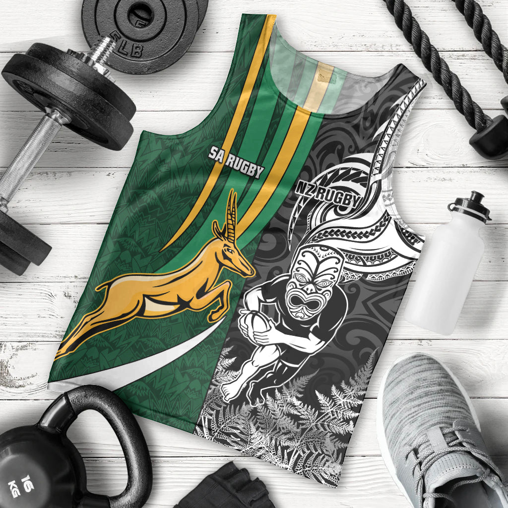 Custom New Zealand and South Africa Rugby Men Tank Top Silver Fern Protea Pattern World Cup 2023 LT01 Art - Polynesian Pride