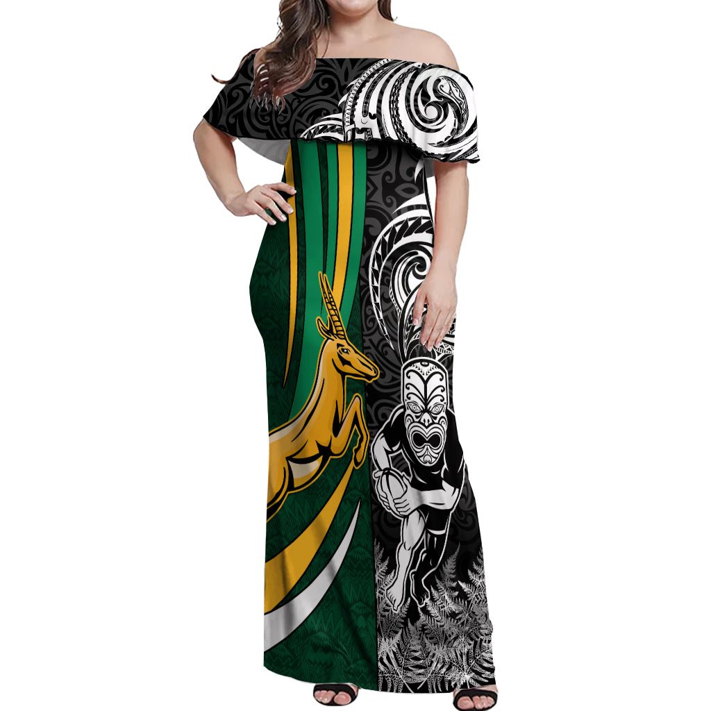 Custom New Zealand and South Africa Rugby Off Shoulder Maxi Dress Silver Fern Protea Pattern World Cup 2023 LT01 Women Art - Polynesian Pride