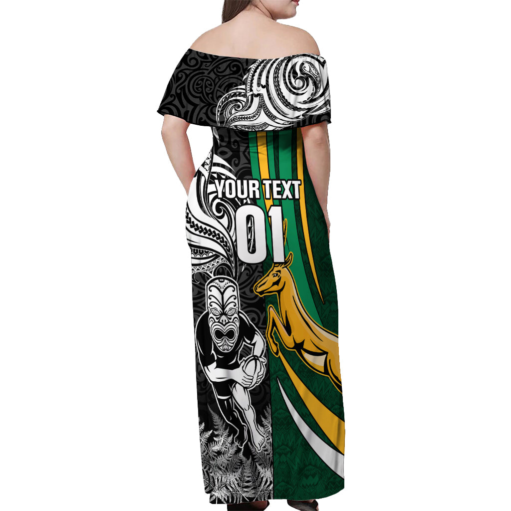 Custom New Zealand and South Africa Rugby Off Shoulder Maxi Dress Silver Fern Protea Pattern World Cup 2023 LT01 - Polynesian Pride