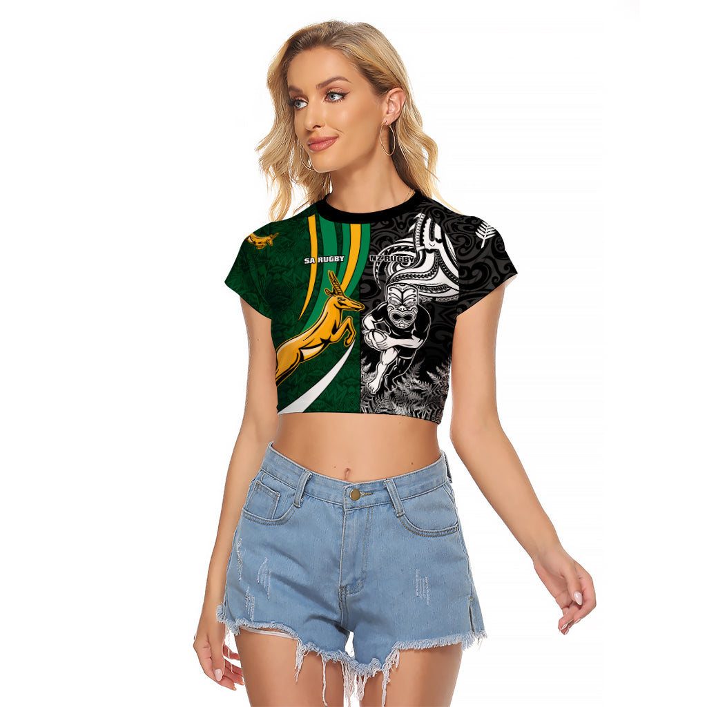 Custom New Zealand and South Africa Rugby Raglan Cropped T Shirt Silver Fern Protea Pattern World Cup 2023 LT01 Female Art - Polynesian Pride