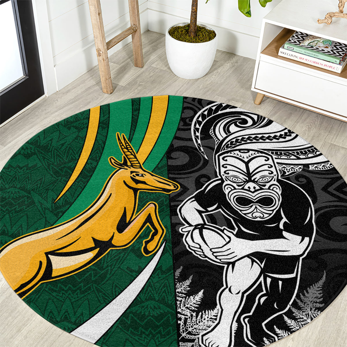 New Zealand and South Africa Rugby Round Carpet Silver Fern Protea Pattern World Cup 2023 LT01 Art - Polynesian Pride