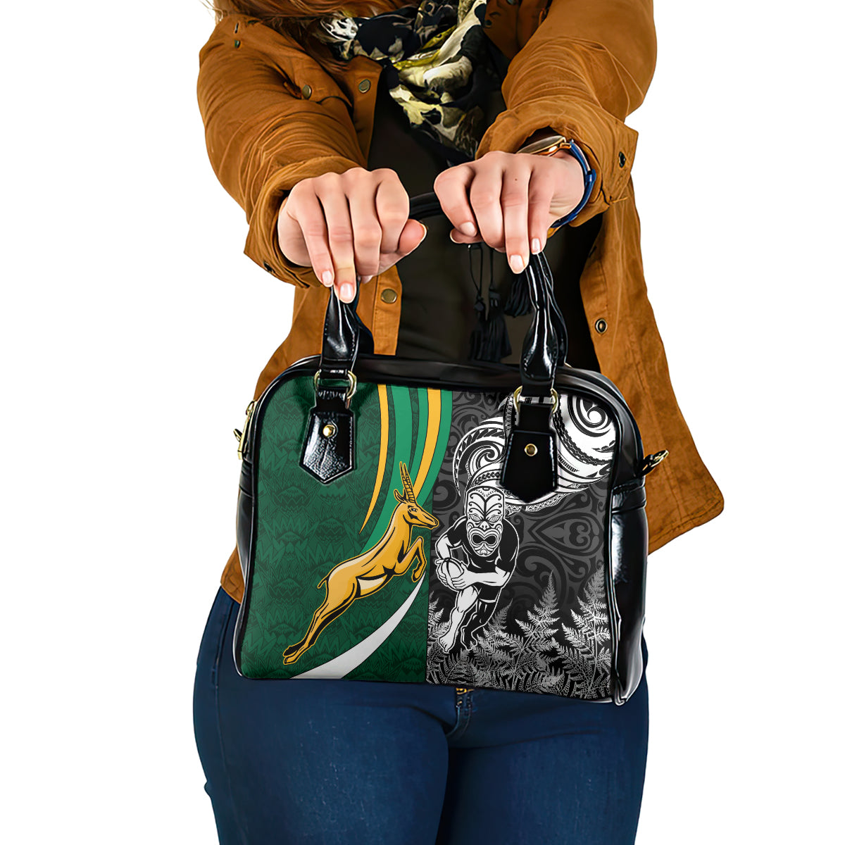 New Zealand and South Africa Rugby Shoulder Handbag Silver Fern Protea Pattern World Cup 2023 LT01 One Size Art - Polynesian Pride