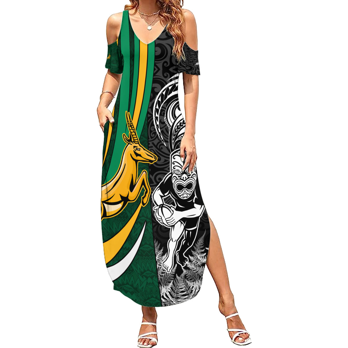 Custom New Zealand and South Africa Rugby Summer Maxi Dress Silver Fern Protea Pattern World Cup 2023 LT01 Women Art - Polynesian Pride