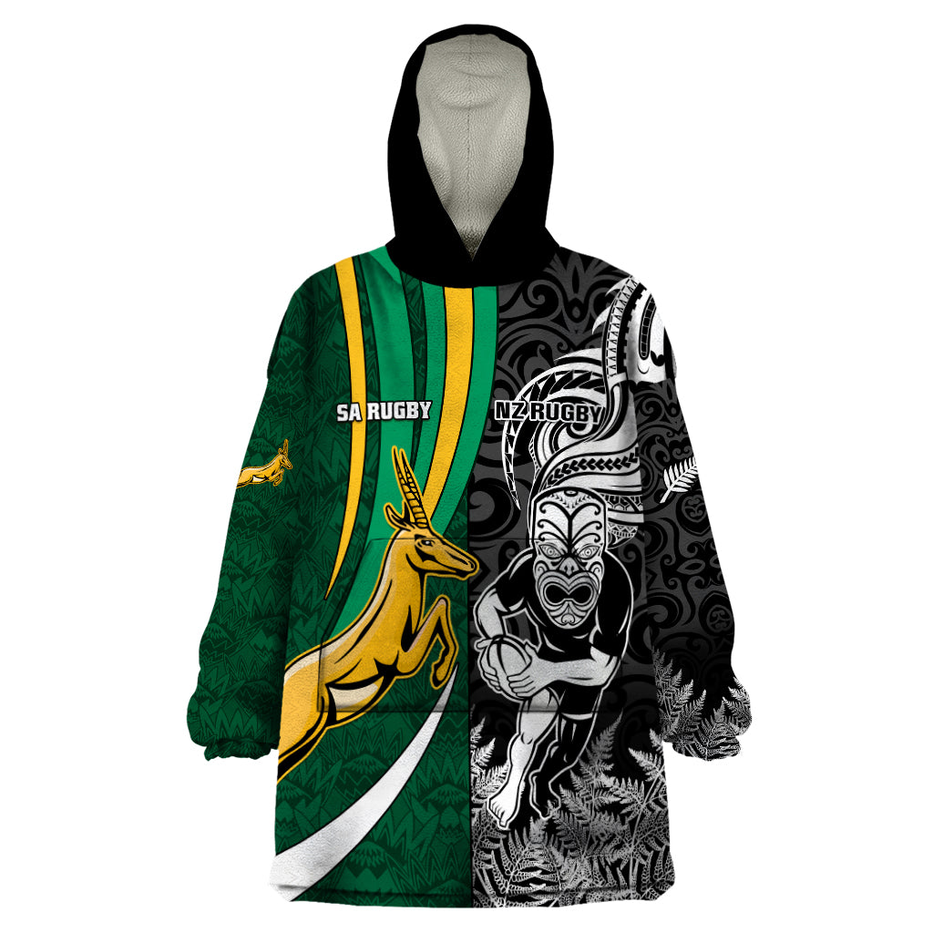 Custom New Zealand and South Africa Rugby Wearable Blanket Hoodie Silver Fern Protea Pattern World Cup 2023 LT01 One Size Art - Polynesian Pride