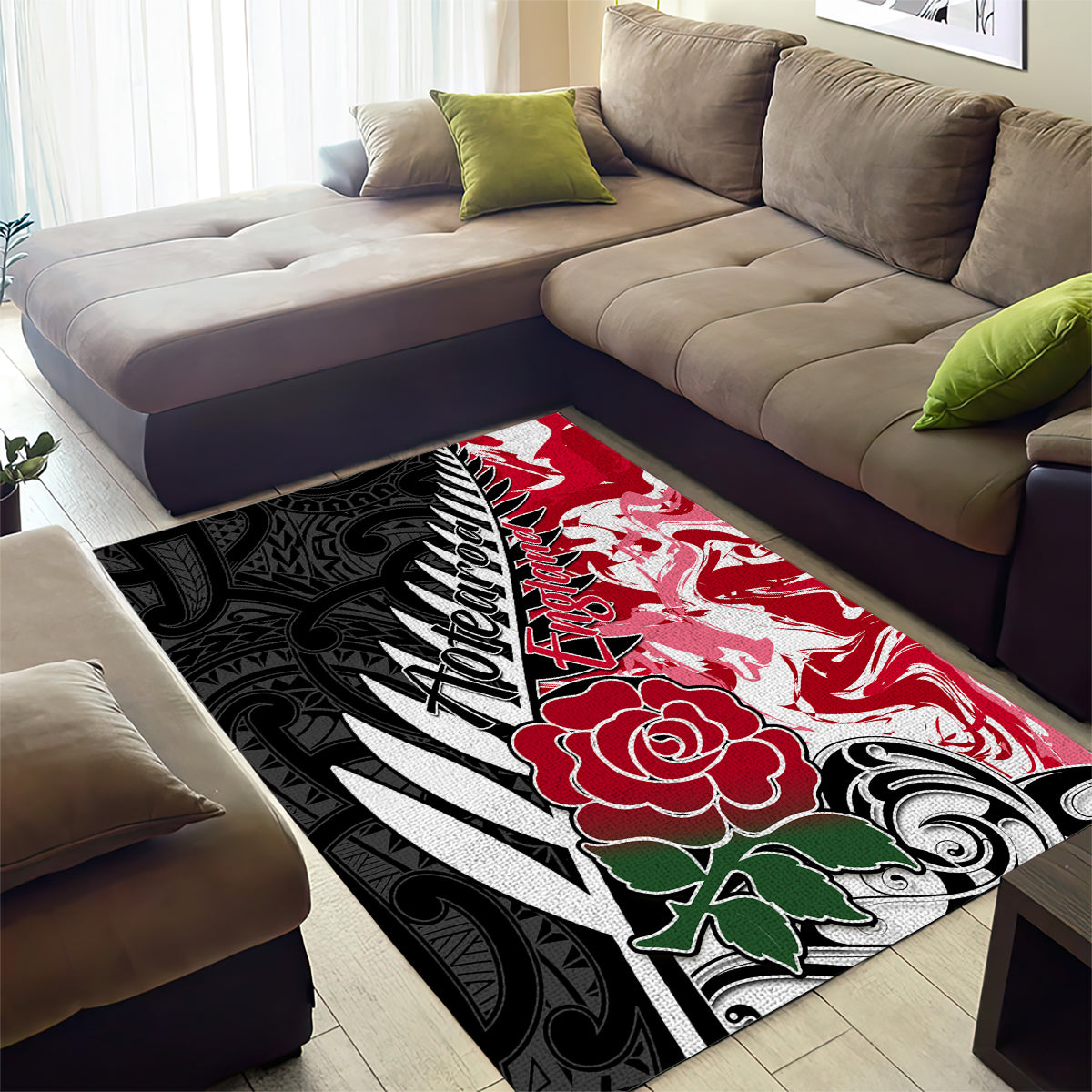 New Zealand and England Rugby Area Rug Silver Fern With Red Rose World Cup 2023 LT01 - Polynesian Pride