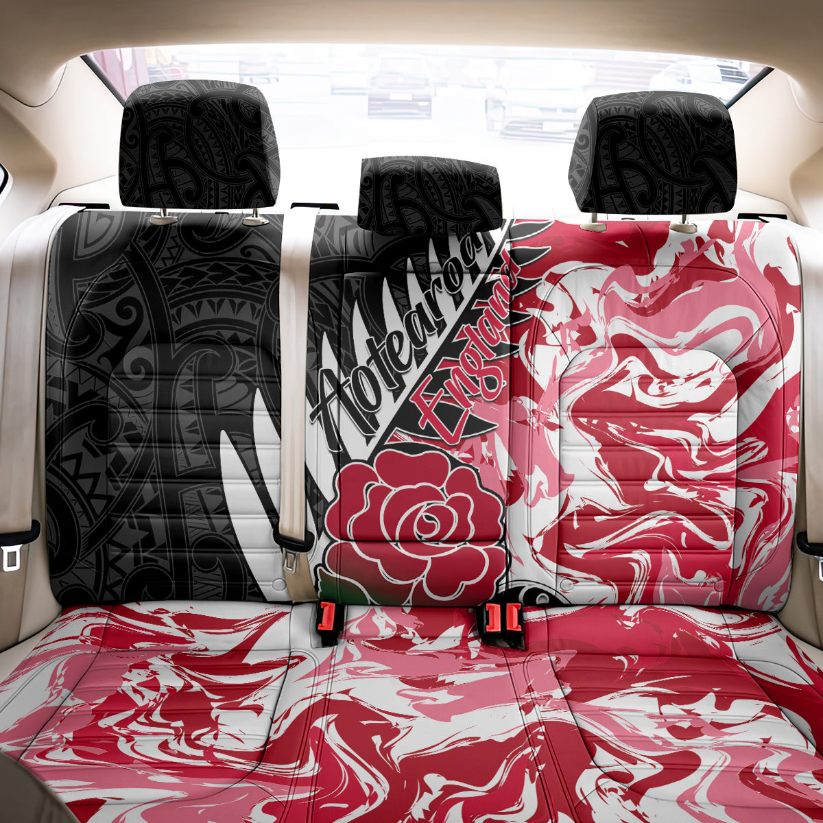 New Zealand and England Rugby Back Car Seat Cover Silver Fern With Red Rose World Cup 2023