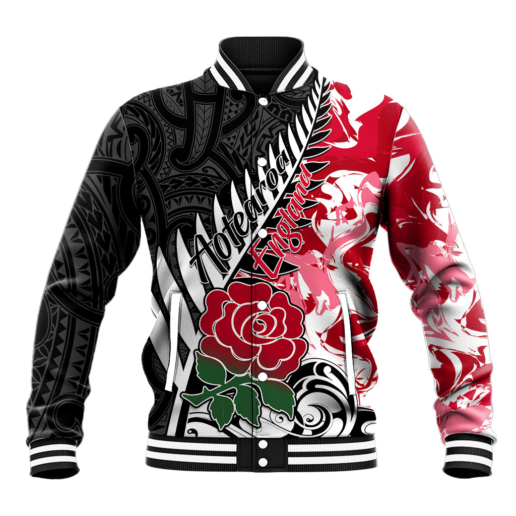 Custom New Zealand and England Rugby Baseball Jacket Silver Fern With Red Rose World Cup 2023 LT01 Unisex Art - Polynesian Pride