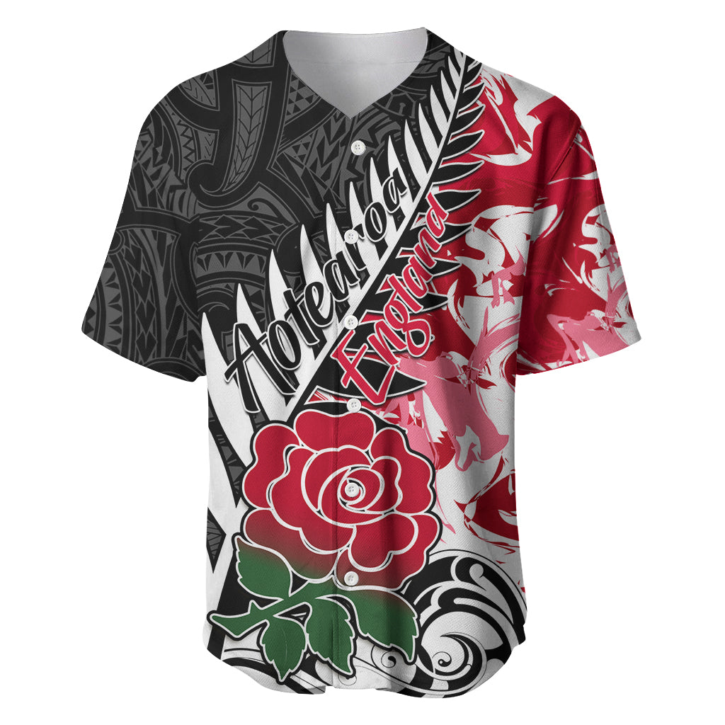 Custom New Zealand and England Rugby Baseball Jersey Silver Fern With Red Rose World Cup 2023 LT01 Art - Polynesian Pride