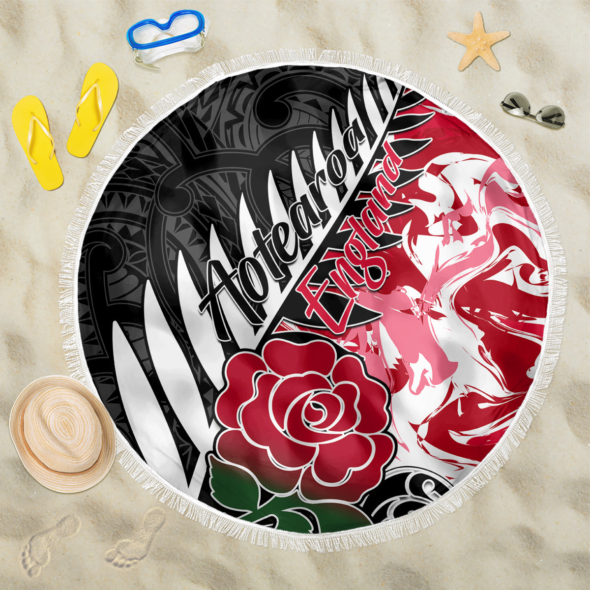 New Zealand and England Rugby Beach Blanket Silver Fern With Red Rose World Cup 2023 LT01 One Size 150cm Art - Wonder Print Shop