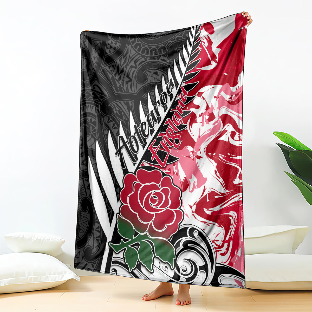 New Zealand and England Rugby Blanket Silver Fern With Red Rose World Cup 2023 LT01 Art - Polynesian Pride