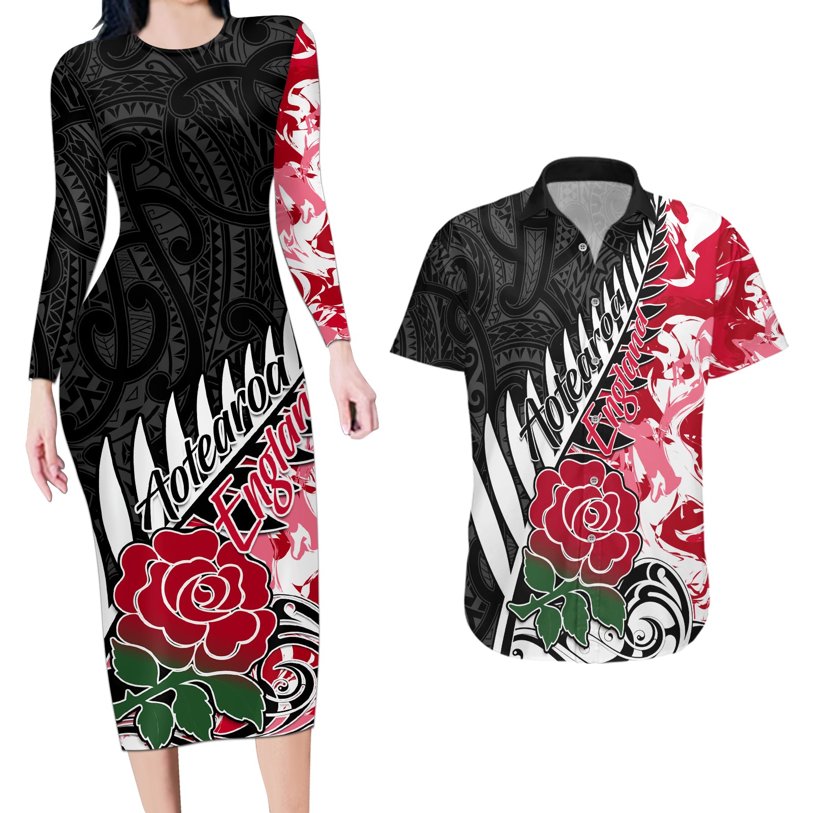 Custom New Zealand and England Rugby Couples Matching Long Sleeve Bodycon Dress and Hawaiian Shirt Silver Fern With Red Rose World Cup 2023 LT01 Art - Polynesian Pride