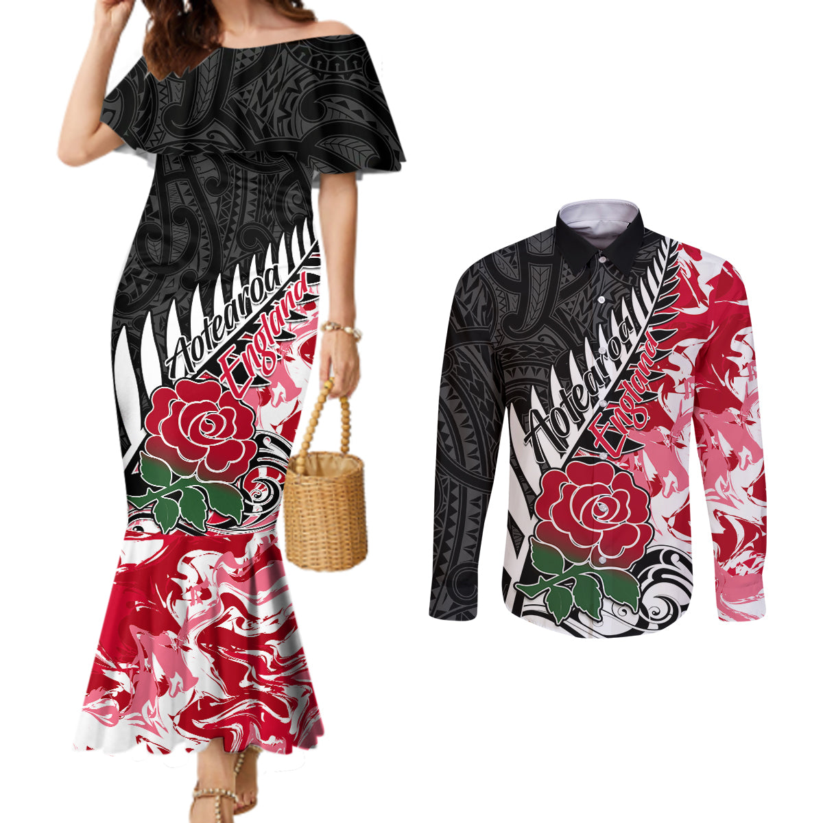 Custom New Zealand and England Rugby Couples Matching Mermaid Dress and Long Sleeve Button Shirt Silver Fern With Red Rose World Cup 2023 LT01 Art - Polynesian Pride