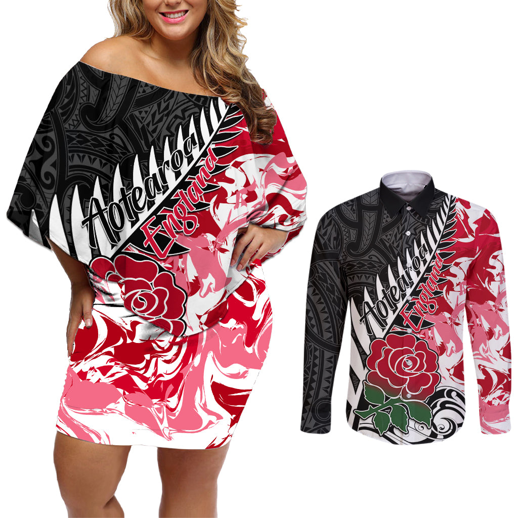 Custom New Zealand and England Rugby Couples Matching Off Shoulder Short Dress and Long Sleeve Button Shirt Silver Fern With Red Rose World Cup 2023 LT01 Art - Polynesian Pride