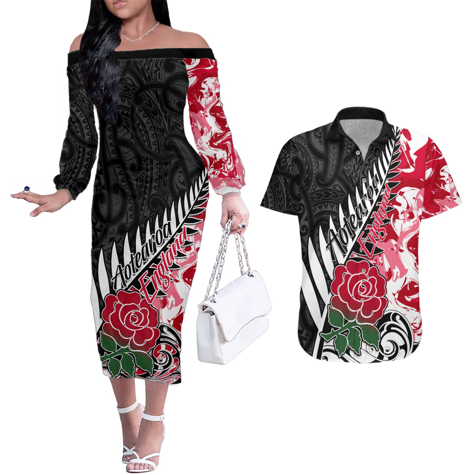 Custom New Zealand and England Rugby Couples Matching Off The Shoulder Long Sleeve Dress and Hawaiian Shirt Silver Fern With Red Rose World Cup 2023 LT01 Art - Polynesian Pride