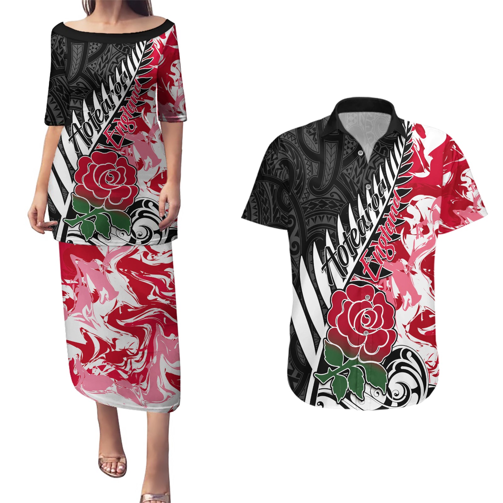 Custom New Zealand and England Rugby Couples Matching Puletasi Dress and Hawaiian Shirt Silver Fern With Red Rose World Cup 2023 LT01 Art - Polynesian Pride