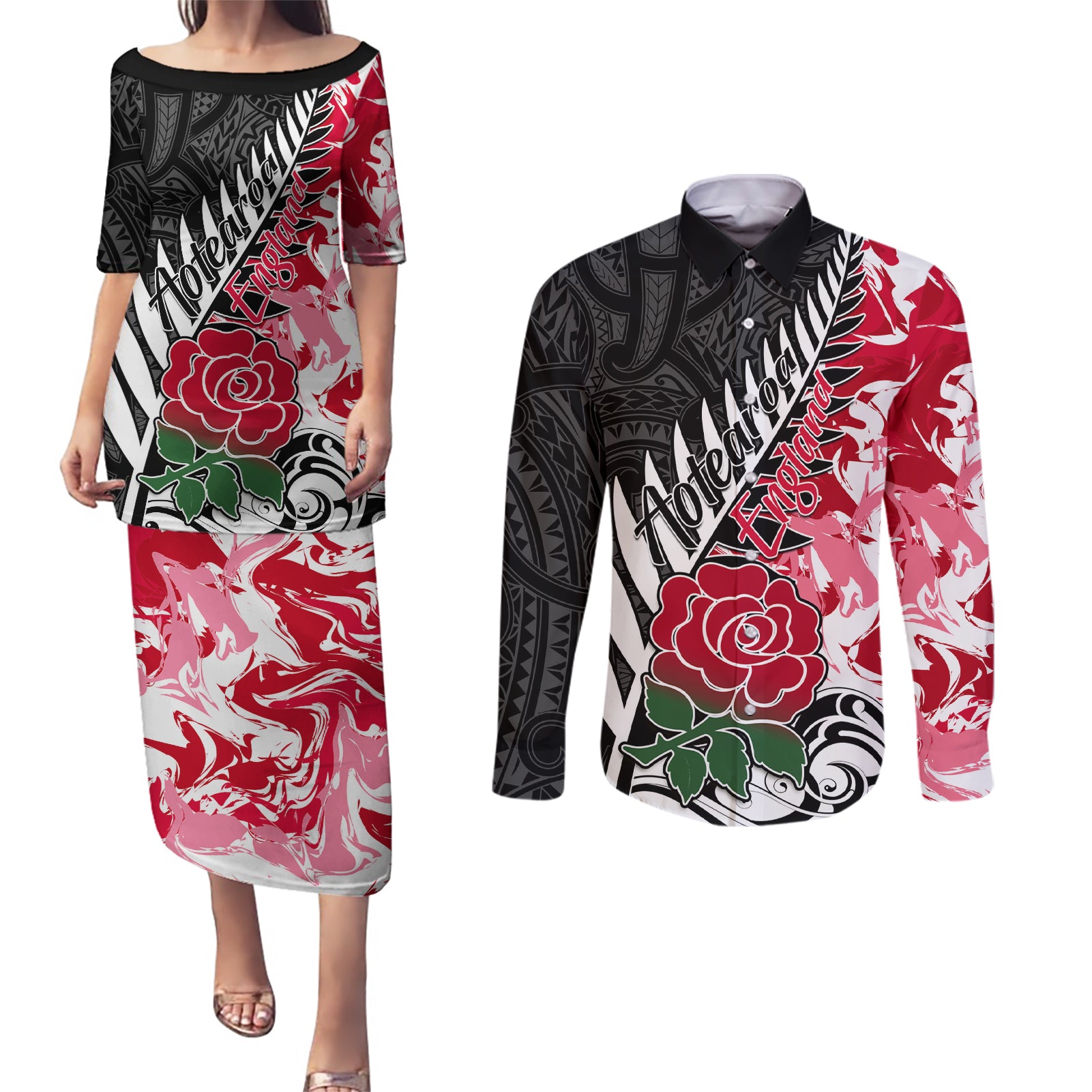 Custom New Zealand and England Rugby Couples Matching Puletasi Dress and Long Sleeve Button Shirt Silver Fern With Red Rose World Cup 2023 LT01 Art - Polynesian Pride