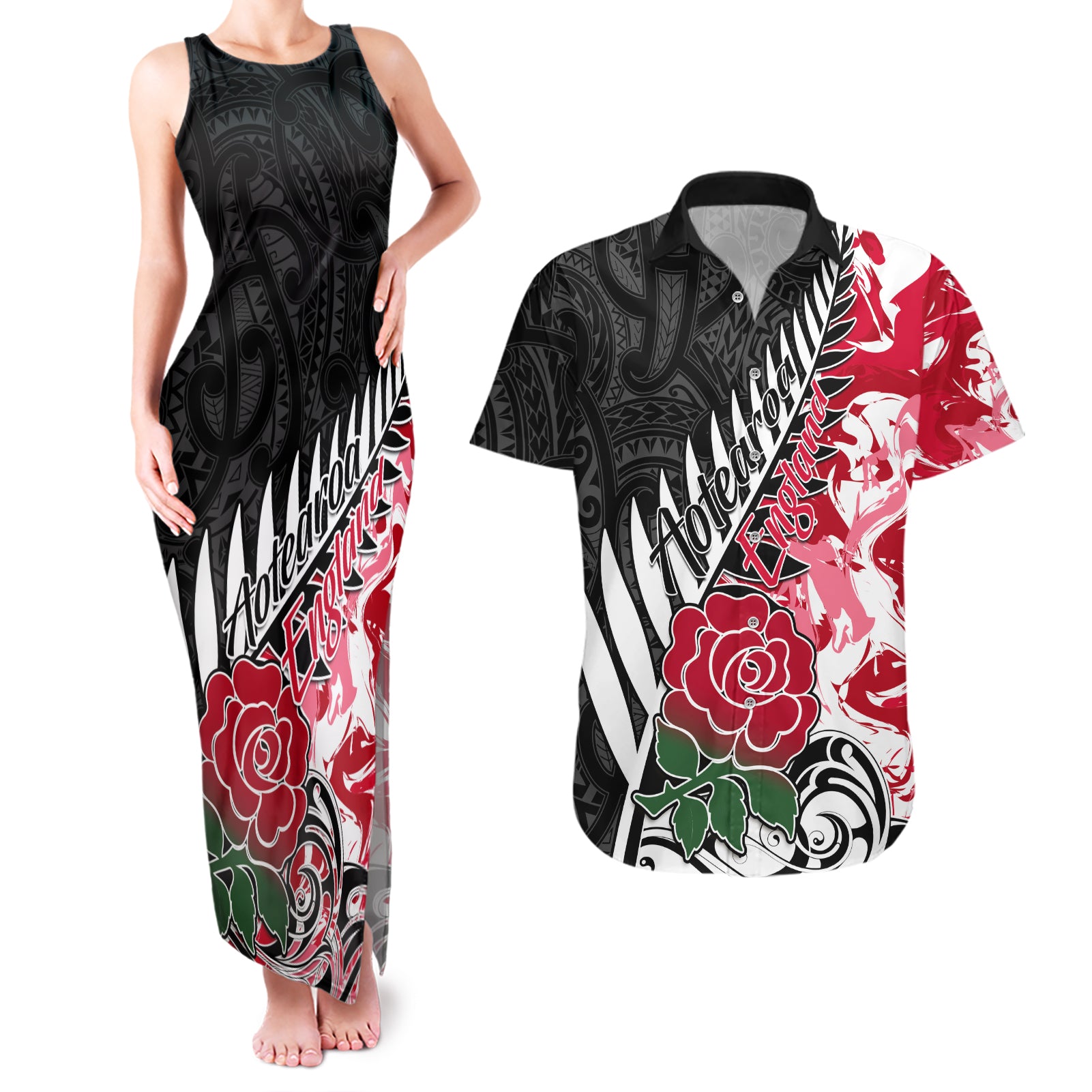 Custom New Zealand and England Rugby Couples Matching Tank Maxi Dress and Hawaiian Shirt Silver Fern With Red Rose World Cup 2023 LT01 Art - Polynesian Pride