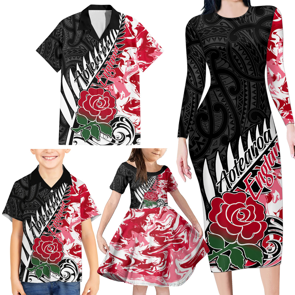 Custom New Zealand and England Rugby Family Matching Long Sleeve Bodycon Dress and Hawaiian Shirt Silver Fern With Red Rose World Cup 2023 LT01 - Polynesian Pride