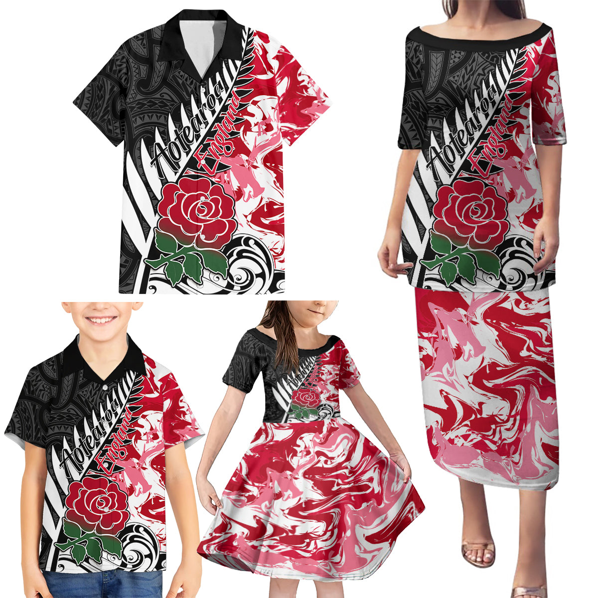 Custom New Zealand and England Rugby Family Matching Puletasi Dress and Hawaiian Shirt Silver Fern With Red Rose World Cup 2023 LT01 - Polynesian Pride