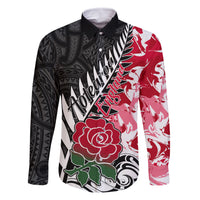 Custom New Zealand and England Rugby Family Matching Summer Maxi Dress and Hawaiian Shirt Silver Fern With Red Rose World Cup 2023 LT01 Dad's Shirt - Long Sleeve Art - Polynesian Pride