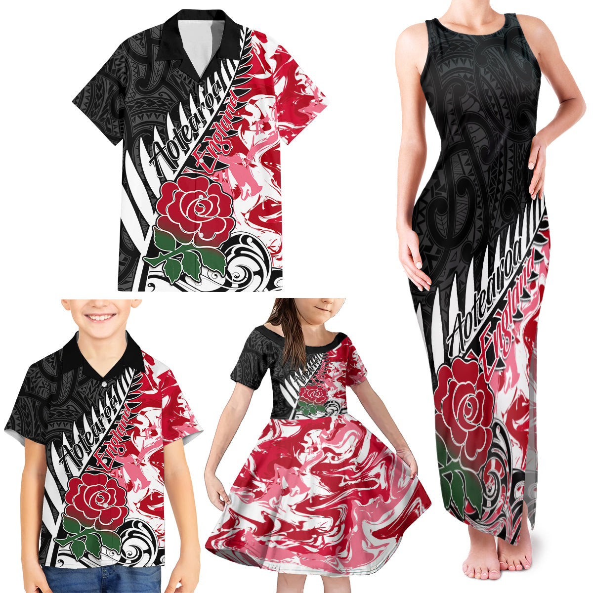 Custom New Zealand and England Rugby Family Matching Tank Maxi Dress and Hawaiian Shirt Silver Fern With Red Rose World Cup 2023 LT01 - Polynesian Pride