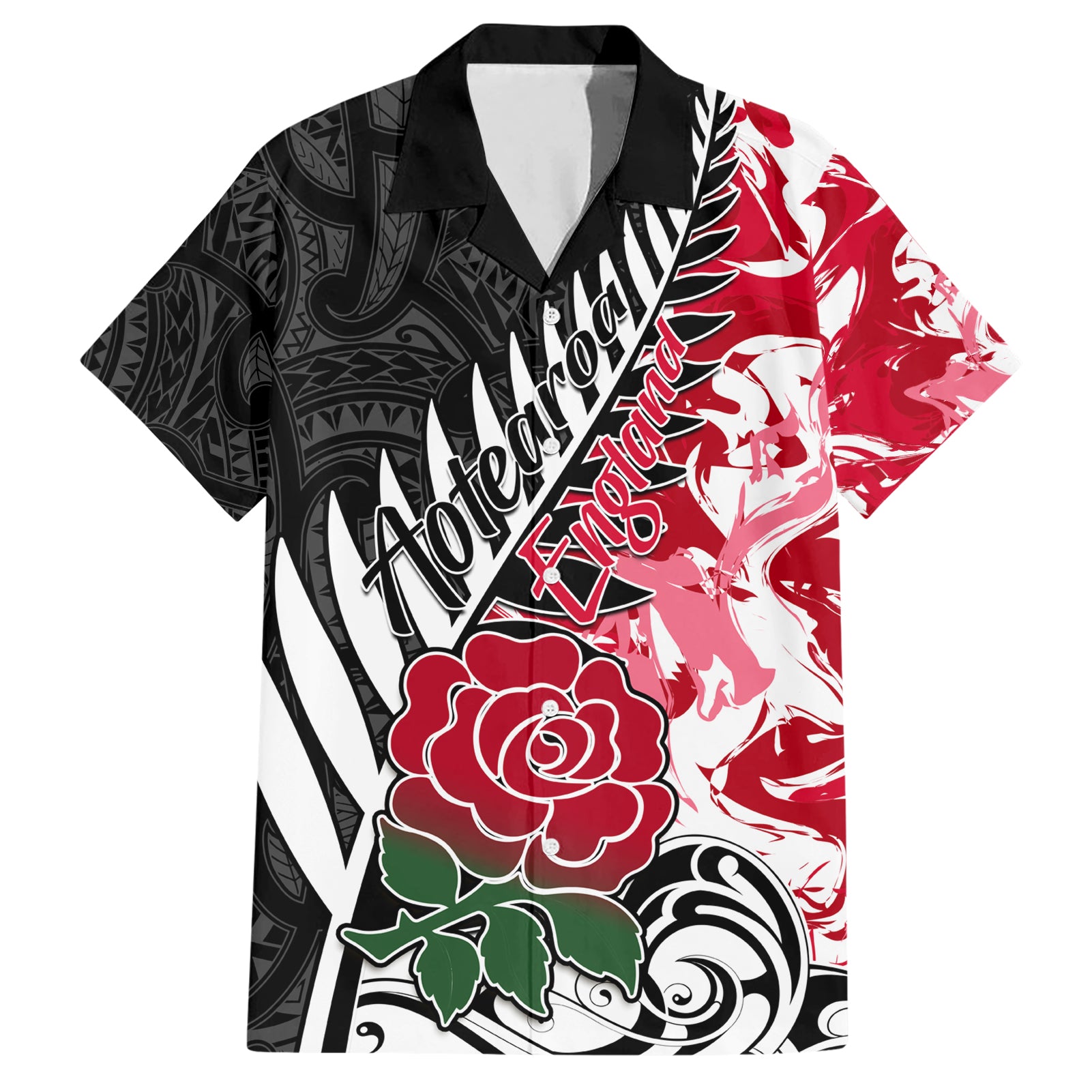 Custom New Zealand and England Rugby Hawaiian Shirt Silver Fern With Red Rose World Cup 2023 LT01 Art - Polynesian Pride