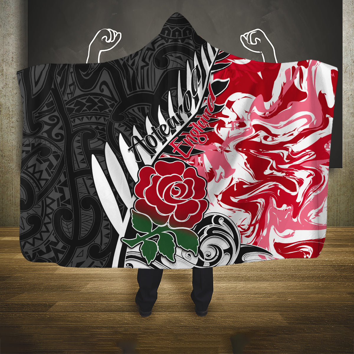 New Zealand and England Rugby Hooded Blanket Silver Fern With Red Rose World Cup 2023 LT01 One Size Art - Polynesian Pride