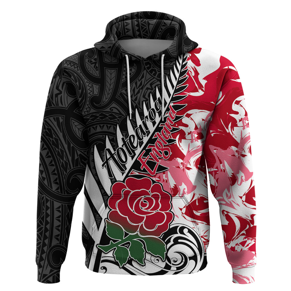 Custom New Zealand and England Rugby Hoodie Silver Fern With Red Rose World Cup 2023 LT01 Pullover Hoodie Art - Polynesian Pride