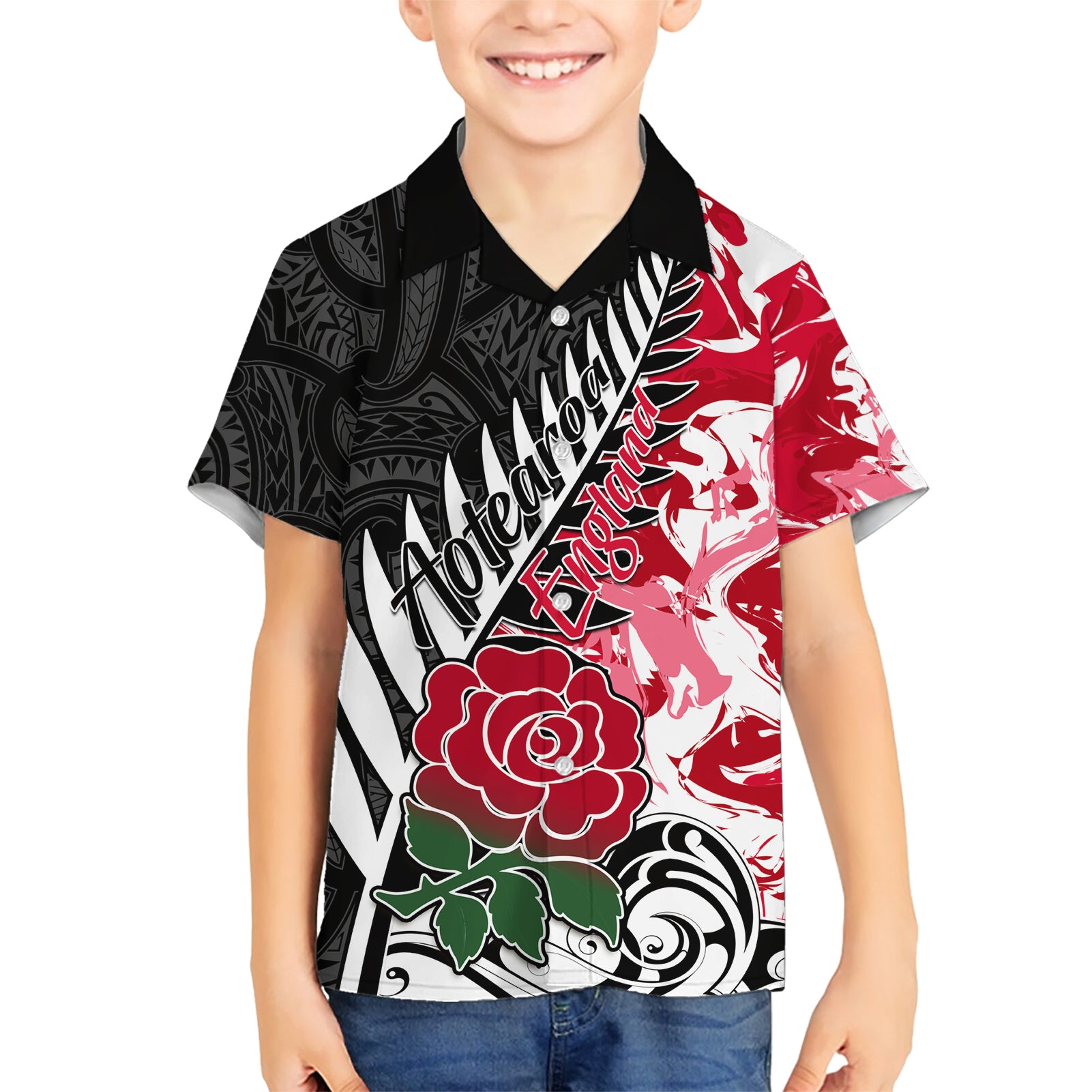 Custom New Zealand and England Rugby Kid Hawaiian Shirt Silver Fern With Red Rose World Cup 2023 LT01 Kid Art - Polynesian Pride