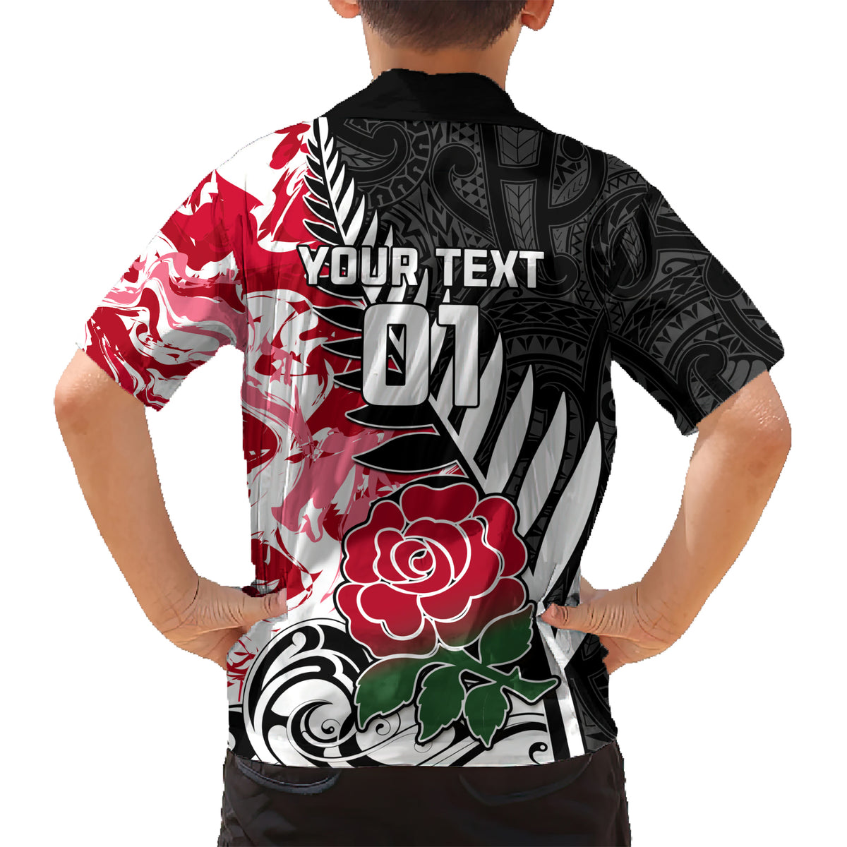 Custom New Zealand and England Rugby Kid Hawaiian Shirt Silver Fern With Red Rose World Cup 2023 LT01 - Polynesian Pride