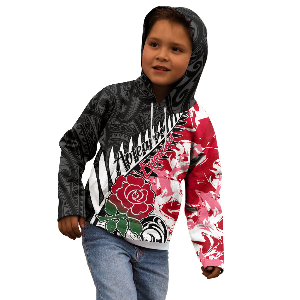 Custom New Zealand and England Rugby Kid Hoodie Silver Fern With Red Rose World Cup 2023 LT01 - Polynesian Pride