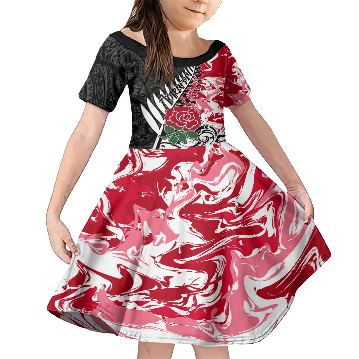 Custom New Zealand and England Rugby Kid Short Sleeve Dress Silver Fern With Red Rose World Cup 2023 LT01 KID Art - Polynesian Pride