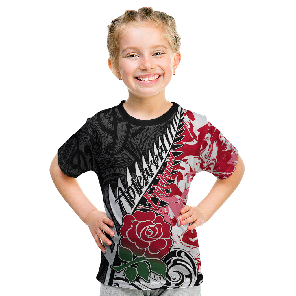 Custom New Zealand and England Rugby Kid T Shirt Silver Fern With Red Rose World Cup 2023 LT01 Art - Polynesian Pride