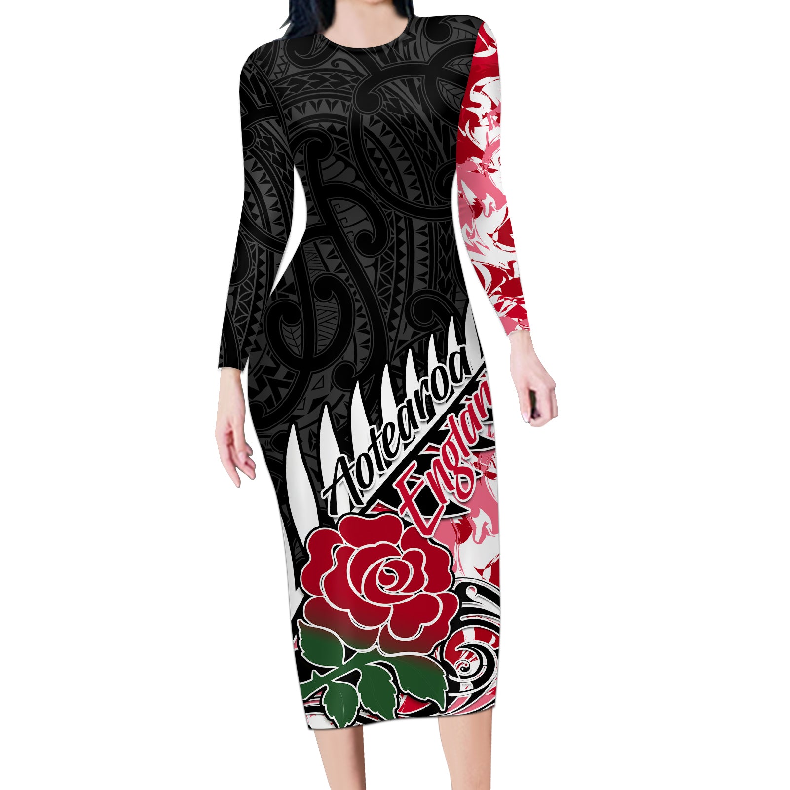 Custom New Zealand and England Rugby Long Sleeve Bodycon Dress Silver Fern With Red Rose World Cup 2023 LT01 Long Dress Art - Polynesian Pride