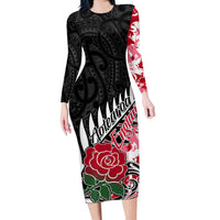 Custom New Zealand and England Rugby Long Sleeve Bodycon Dress Silver Fern With Red Rose World Cup 2023 LT01 Long Dress Art - Polynesian Pride