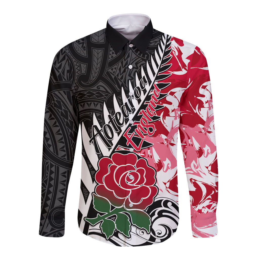 Custom New Zealand and England Rugby Long Sleeve Button Shirt Silver Fern With Red Rose World Cup 2023 LT01 Unisex Art - Polynesian Pride