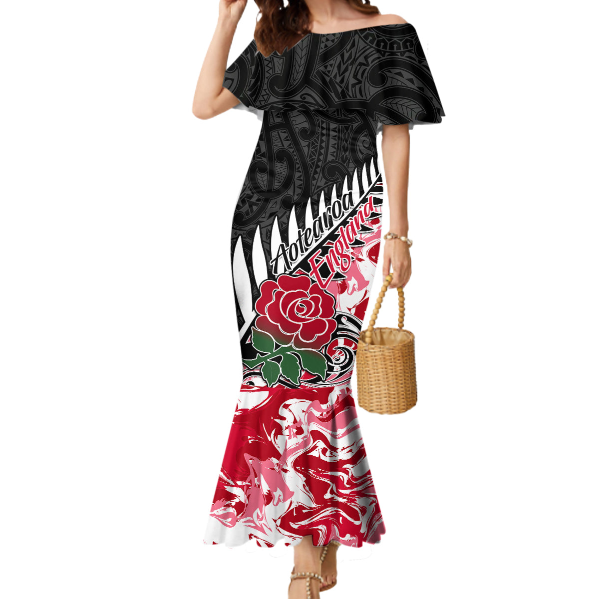 Custom New Zealand and England Rugby Mermaid Dress Silver Fern With Red Rose World Cup 2023 LT01 Women Art - Polynesian Pride